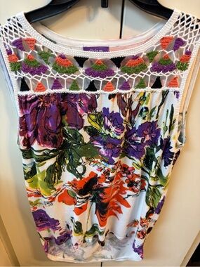 Olivia M White Tank Top with Purple, Orange & Green Floral and Crochet Yoke